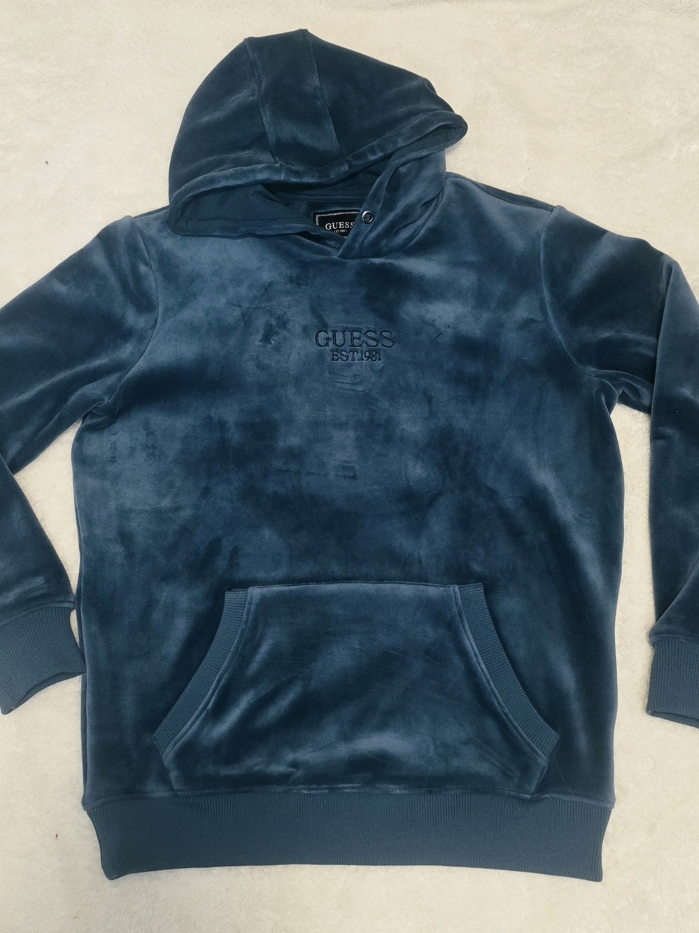 GUESS Teal Blue Velour Velvet Hoodie Pullover Sweatshirt Y2K style Streetwear